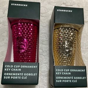 2 Starbucks 2022 Mini Christmas Studded Tumbler Ornaments Key Chains - set 2
